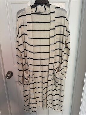 NWOT Charlotte Avery Striped Open-Front Long Cardigan - Cream/Black